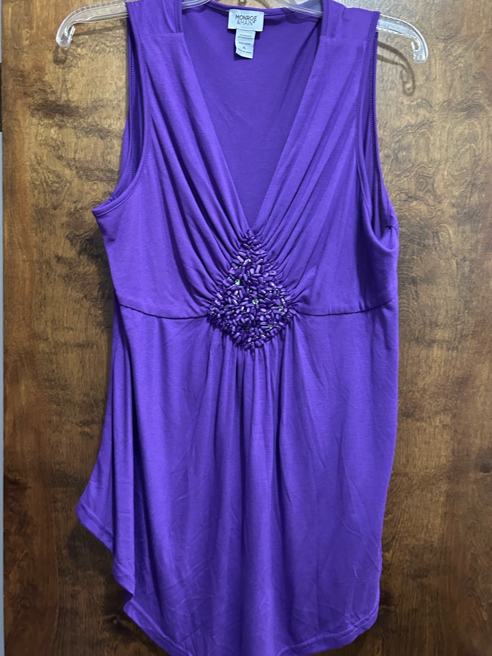 Monroe & Main Vibrant Purple Sleeveless V-Neck Gathered Front Top